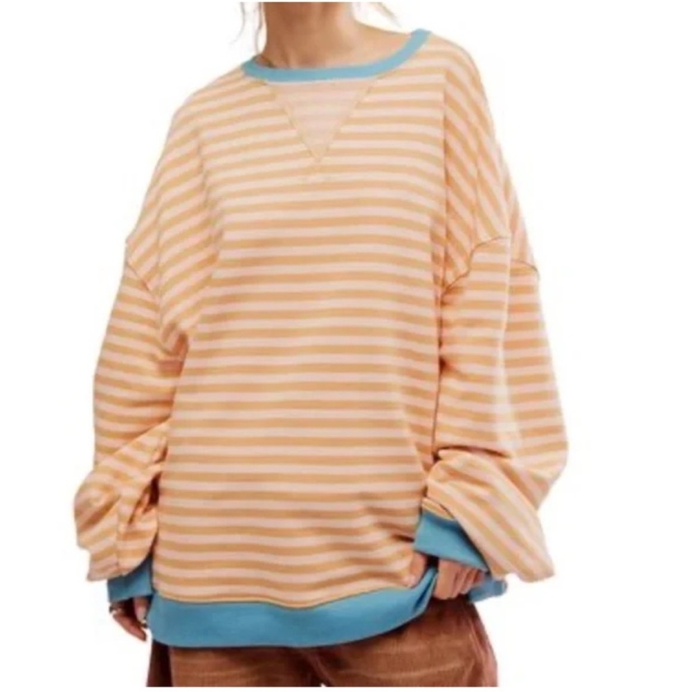 We the free oversized stripe crewneck sweatshirt orange pink free people large.